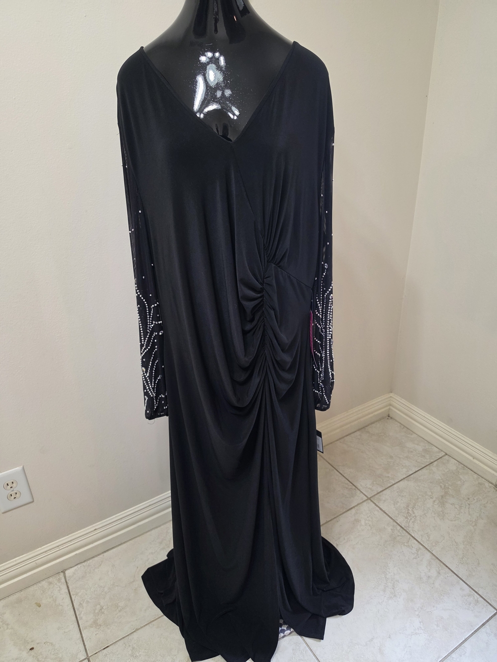 MARINA Black Long-Sleeve Ruched V-Neck Evening Gown